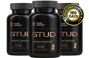 Clubhouse Stud men's energy and stamina capsules, shown as a three-bottle package