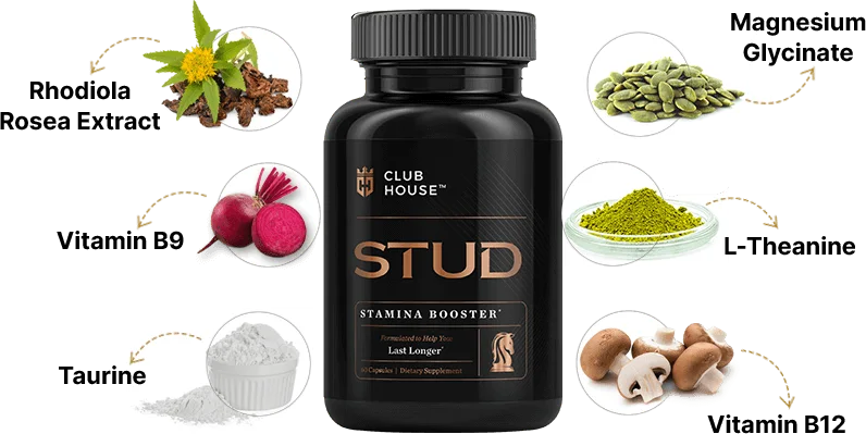 Clubhouse Stud ingredients: rhodiola rosea, vitamin B9, taurine, magnesium glycinate, L-theanine and vitamin B12