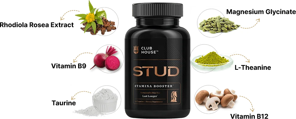 Clubhouse Stud ingredients around the bottle: rhodiola rosea, vitamin B9, taurine, magnesium glycinate, L-theanine and vitamin B12