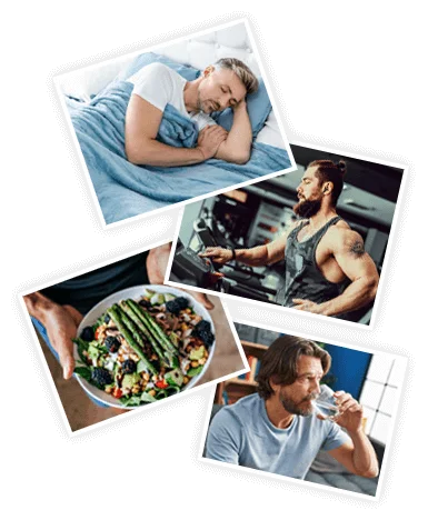 Men who take Clubhouse Stud: resting well, training in the gym, eating a fresh meal and staying hydrated